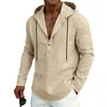 Men's casual linen Henley hoodie with long sleeves and black drawstrings in sand color. - S / Tops / Light Khaki