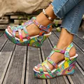Detailed shot of vibrant marble-patterned wedge sandals with adjustable buckle strap - 36 / Single Strap Buckle / Green