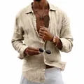 Detail view of a men's breathable khaki linen shirt with a loose fit and button-down style - Khaki