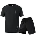 Herren schnelltrocknender schwarzer Sportanzug mit T-Shirt und Shorts, Night Exercise. - XS / Oberteil und Hose / Schwarz