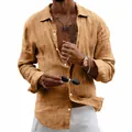 Close-up detail of casual mustard linen long-sleeve shirt with rustic texture for men - Earthy Yellow