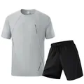 Men's quick-dry gray t-shirt and black shorts sports set for running fitness and gym - XS / Top And Bottom / Light Gray/Black