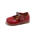 Rote französische Mary Jane Lederschuhe für Mädchen mit dekorativem Strassriemen - Größe 23 Innenlänge 14.3cm / Rot