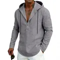 Detail of grey linen-like hooded henley shirt for men featuring black drawstrings - S / Tops / Dark Gray