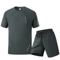 Dunkelgraues schnelltrocknendes Sportset für Herren mit T-Shirt und Shorts zum Laufen - XS / Oberteil und Hose / Dunkelgrau
