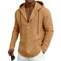 Detail of camel linen hooded Henley shirt with button placket and breathable texture - Earthy Yellow