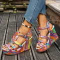 Vibrant marble pattern wedge sandals with platform sole and ankle strap - 36 / Single Strap Buckle / Orange