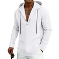 Detailed view of white linen Henley hoodie with black drawstrings and button placket - S / Tops / White