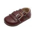 Elegant girls burgundy retro leather shoes featuring fringe detail and double buckle straps - Size 21 Inner Length 13.5CM / Burgundy