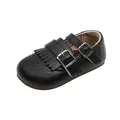 Black retro girls princess shoes with fringe and double buckles in soft leather - Size 21 Inner Length 13.5CM / Black