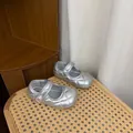 Silver quilted metallic leather girls Mary Jane princess shoes with elegant pearl strap. - Silver