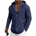 Navy blue men's linen hoodie long sleeve Henley shirt perfect for beach casual wear - Navy Blue