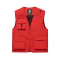Front view of a red multi-pocket outdoor utility vest for fishing and photography - Red