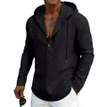 Detail of a black men's linen hoodie featuring a button-up Henley collar and drawstring. - S / Tops / Black