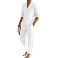 Dettaglio completo di camicia Henley in lino bianco e pantaloni dritti coordinati - Bianco