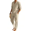 Dettaglio del set camicia Henley in lino beige e pantaloni dritti. - Khaki chiaro