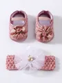 Zapatos rosas de bebé y diadema a juego con encaje floral y perlas - Rosa Palo