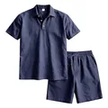 Set estivo da uomo in lino con polo casual e pantaloncini con coulisse coordinati - Blu Notte