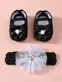 Beautiful black baby girl shoes and matching floral headband set for newborns - Size 11 (Inner Length 10.5cm) / Black Rose
