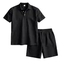 Completo estivo da uomo in lino nero con polo a maniche corte e pantaloncini con coulisse - Nero