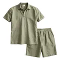 Set da uomo polo in lino verde salvia e pantaloncini con coulisse per vacanze estive - Verde militare