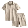 Dettaglio completo uomo estivo polo in lino e pantaloncini con coulisse beige - Cachi