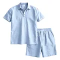 Set polo in lino azzurro e pantaloncini con coulisse da uomo per vacanze estive - Azzurro