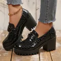 Modieuze zwarte loafers met krokodillenprint voor dames met blokhak en plateauzool - 35 / Zwart