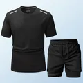 Schwarzes schnelltrocknendes Sport-T-Shirt und 2-in-1-Shorts-Set für Herren Fitness - S / Oberteil und Hose / Schwarz
