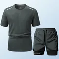 Herren-Sportset in Dunkelgrau, schnelltrocknendes T-Shirt und Fake-Two-Piece-Shorts - S / Oberteil und Hose / Dunkelgrau