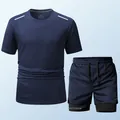 Navyblaues Herren-Sportset, schnelltrocknend, T-Shirt und Mesh-Shorts, 2-teilig - S / Oberteil und Hose / Dunkelblau