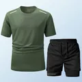 Completo sportivo uomo asciugatura rapida verde oliva con t-shirt e pantaloncini - Verde Militare/Nero