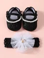 Black baby princess shoes with pearl bows and matching lace flower headband set - Black With Headband (26-006)
