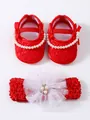 Infant red lace princess shoes with pearl bow and matching white floral headband set - Bright Red With Headband (26-006)
