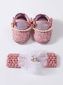 Detail of pink lace baby princess shoes and matching floral headband set with pearls - Deep Pink With Headband (26-006)