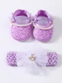 Close-up of purple baby lace shoes and matching floral headband set with pearls - Purple With Headband (26-006)
