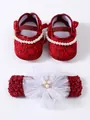 Detail view of red lace baby princess shoes and matching pearl flower headband set - Wine Red With Headband (26-006)