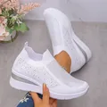 Fashionable white breathable knit wedge sneakers with sparkling rhinestones slip-on. - 36 / White
