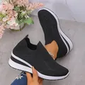 Fashionable black rhinestone wedge slip-on sneakers with breathable flying woven upper - 36 / Black