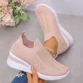 Breathable pink fly-knit wedge sneakers with sparkling rhinestone details for women fashion - 36 / Pink