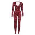 Sexy red and black leopard print jumpsuit with deep U-neck and long sleeves for women - S / Set / Red Leopard