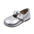 Elegant silver girl's Mary Jane princess flats with a large bow detail and soft sole - Silver
