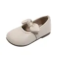 Elegant beige girl's princess flat shoes featuring a large bow detail and soft sole for kids - Beige