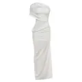 Detailansicht des weißen One-Shoulder-Maxikleides mit elegantem, gerafftem Stoffdesign - S / Kleider / Weiß