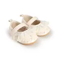 Detailed view of cream baby walking shoes with delicate lace ruffles and quilted pattern - 11cm / White