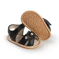 Detailed view of baby girl prewalker sandals with pink flower embroidery and tan sole - 11 / Black