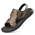 Men's casual brown leather sandals with non-slip sole for summer beach - Khaki