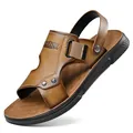Men's brown leather casual beach sandals with anti-slip sole and dual-use strap - Brown