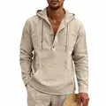 Linnen heren Henley-shirt met capuchon in kaki, ademende vrijetijdskleding - S / Tops / Khaki