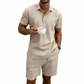 Men's summer casual linen polo and shorts two-piece vacation set in beige color - S / Top And Bottom / Khaki